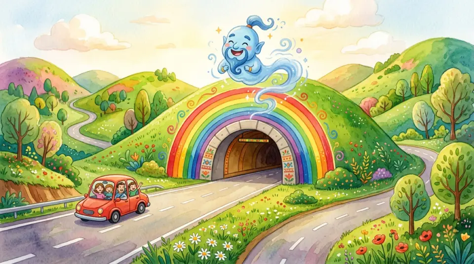 Watercolor of the rainbow-painted tunnel north of the Golden Gate Bridge