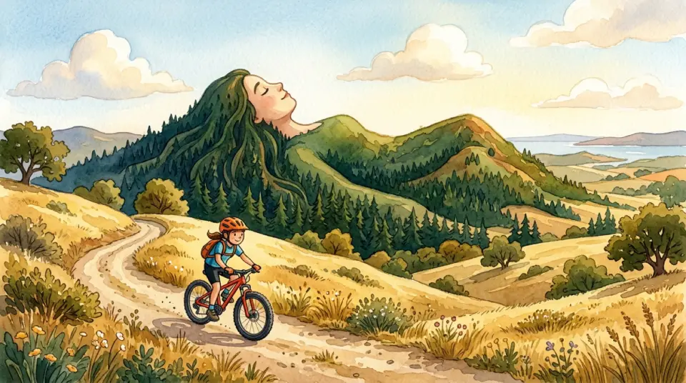 Watercolor of Mount Tamalpais shaped like a sleeping lady, with a kid riding a mountain bike